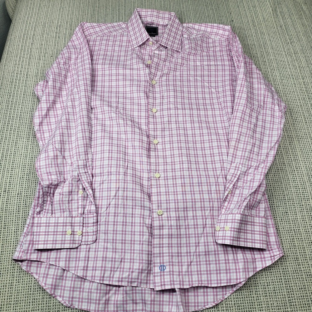 David Donahue Shirt Mens 17 34/35 Pink Plaid Slim Fit Cotton Dress Long Sleeve